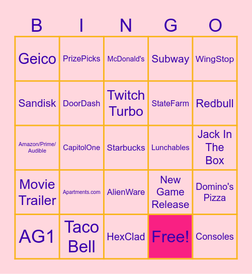 nehaow's Twitch Ad Bingo Card