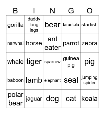 Animal Bingo Card