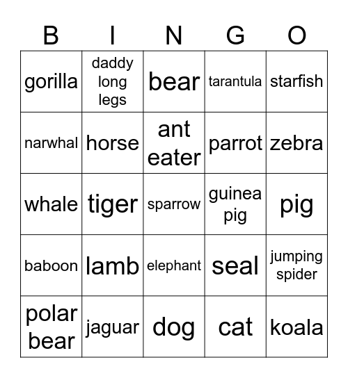 Animal Bingo Card