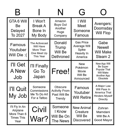 Prediction Bingo Card