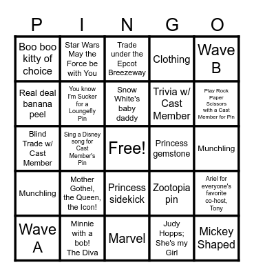 Disney Pin Trading Pingo Bingo Card