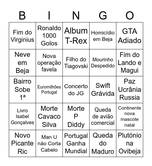 Bingo 2026 Bingo Card