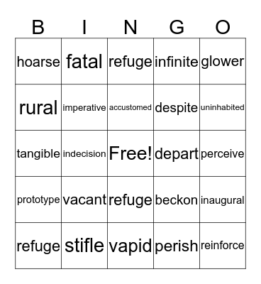 A1 Vocabulary Bingo Card