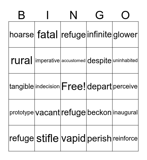 A1 Vocabulary Bingo Card