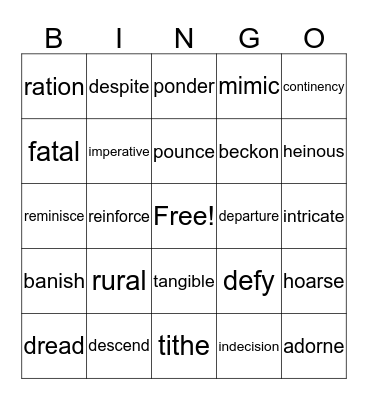 A1 Vocabulary Bingo Card