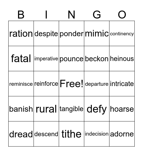 A1 Vocabulary Bingo Card