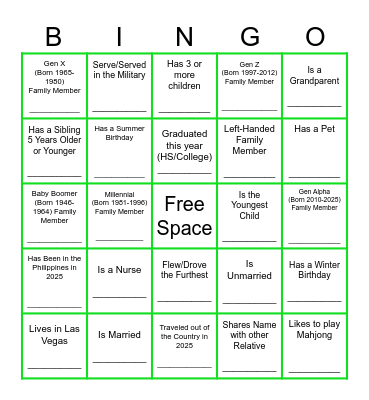 GET TO KNOW THE FAMILY Bingo Card