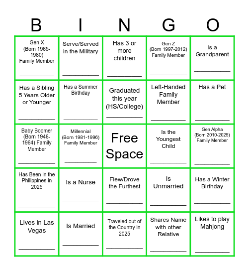 GET TO KNOW THE FAMILY Bingo Card