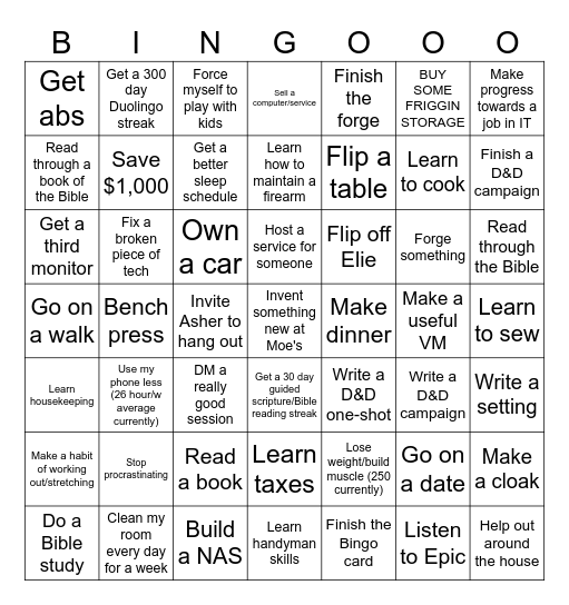 New Years Bingo Card