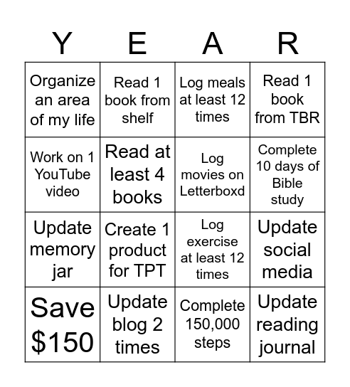 2026 New Year Goals Bingo Card