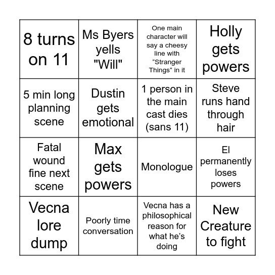 Stranger Things Finale Bingo Card