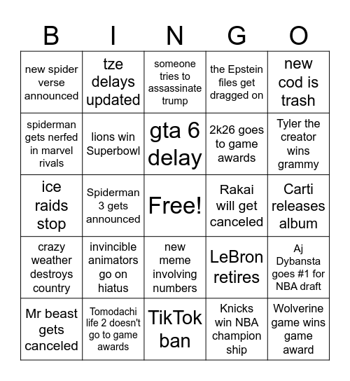 2026 bingo card Bingo Card