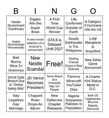 2026 Bingo Card Bingo Card