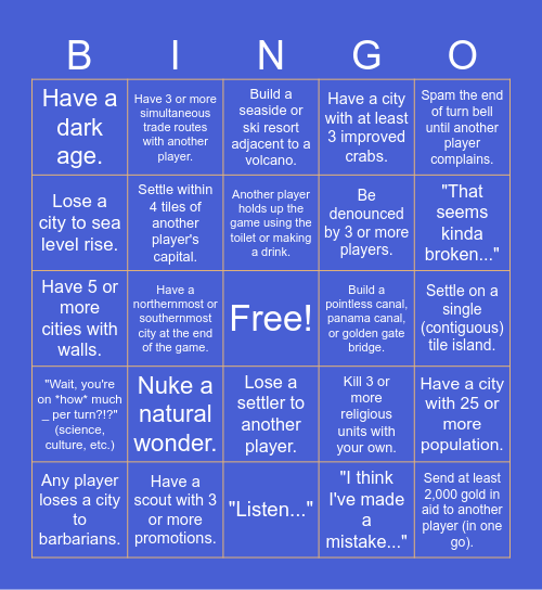 Civilization 6 Clusterfuck Bingo Card