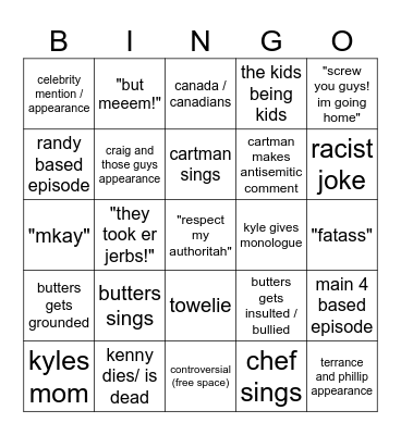 south park bingo Card