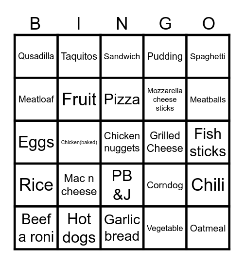 Food Bingo Card