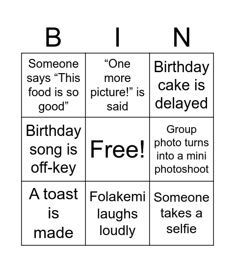 Folake’s birthday bingo Card