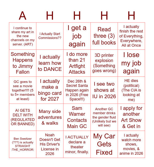 AHHHHH Bingo Card