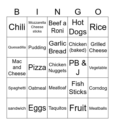 Food Bingo Card