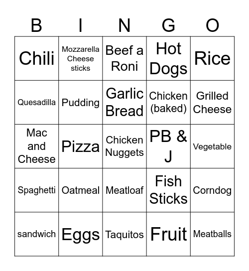 Food Bingo Card