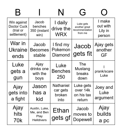 2026 Bingo Predictions (Jacob) Bingo Card