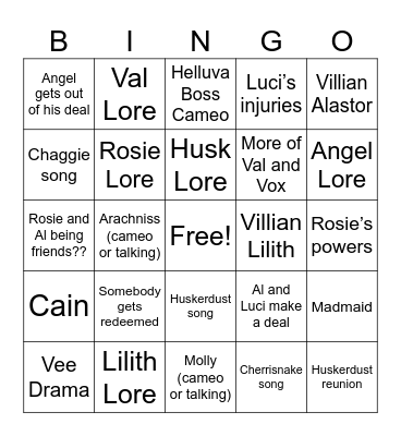 Hazbin Season 3 Predictions Bingo Card