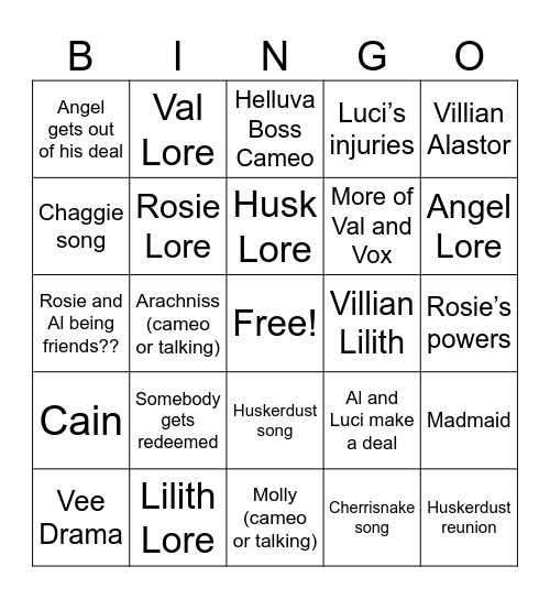 Hazbin Season 3 Predictions Bingo Card