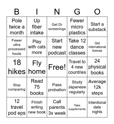 2026 bingo goals Bingo Card