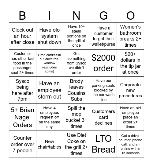 Cousins 2026 Bingo Card