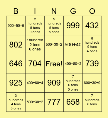 Place Value Bingo Card