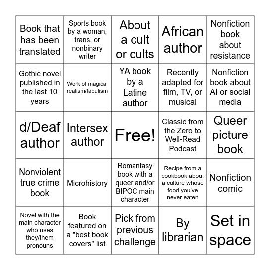 Book Riot Read Harder Challenge Bingo Card