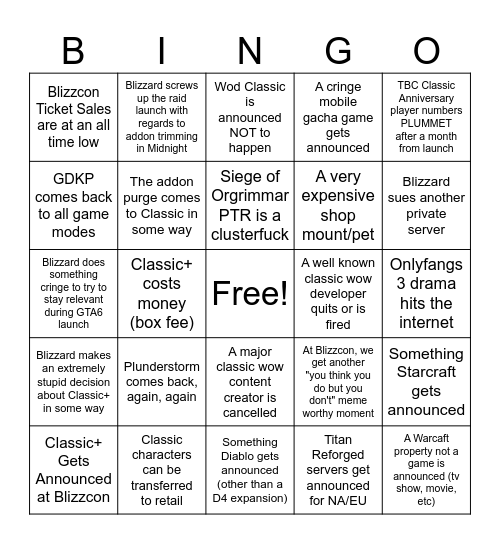 Classic WoW/Blizzard 2026 Bingo Card