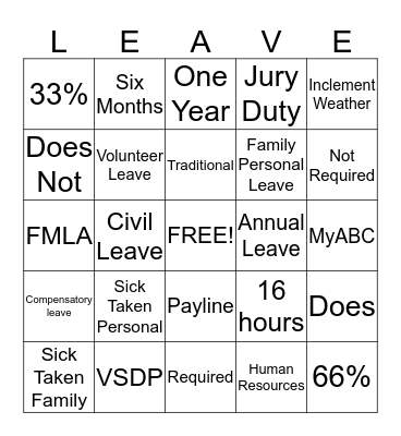 Leave Bingo Card