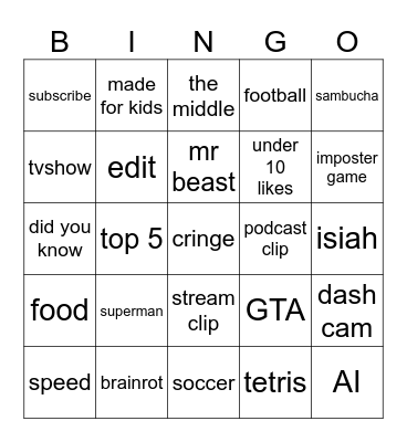 youtube shorts Bingo Card
