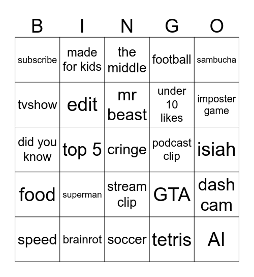 youtube shorts Bingo Card