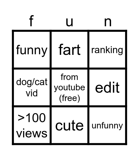 shorts Bingo Card