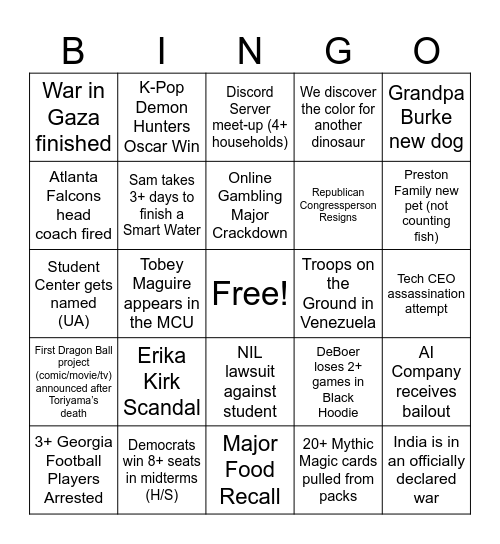 Brock 2026 Bingo Card