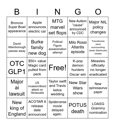 Sam 2026 Bingo Card