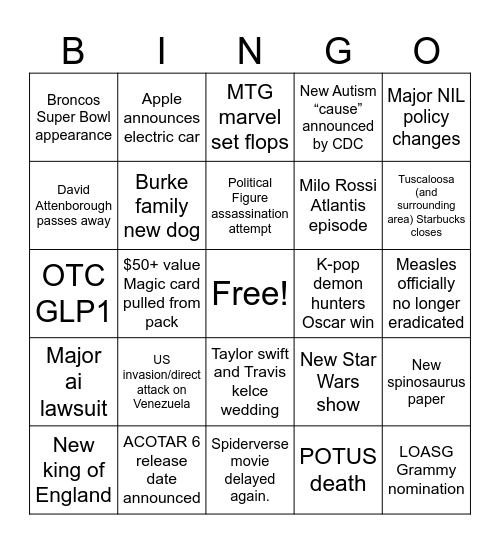 Sam 2026 Bingo Card