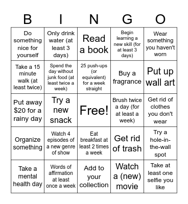 January Goals Bingo Card