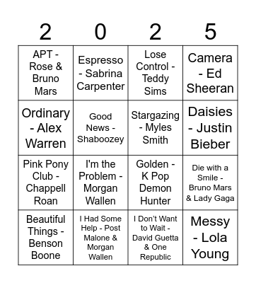 Hit Songs from 2025 Bingo Card