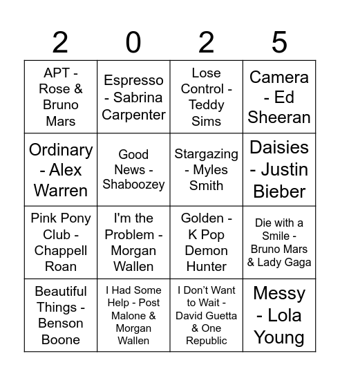 Hit Songs from 2025 Bingo Card