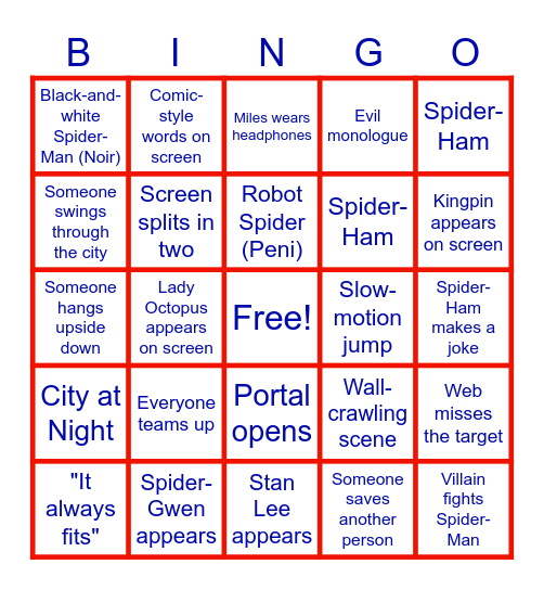Spider-Man Bingo Card