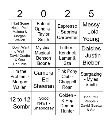 Hit Songs from 2025 Bingo Card