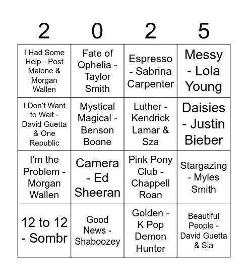 Hit Songs from 2025 Bingo Card
