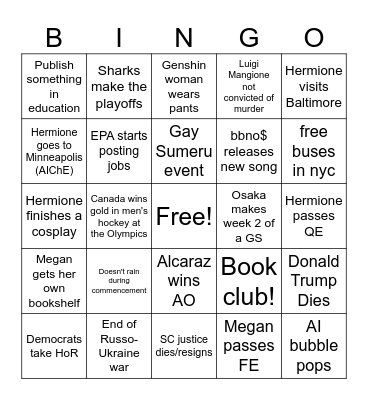 Megan + Hermione 2026 Predictions Bingo Card
