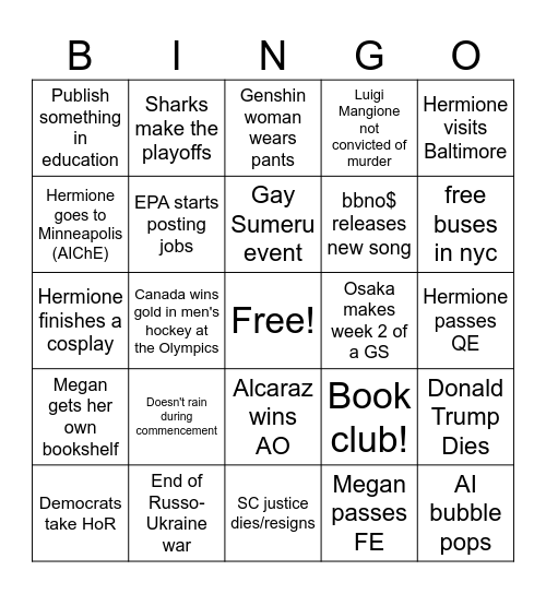 Megan + Hermione 2026 Predictions Bingo Card