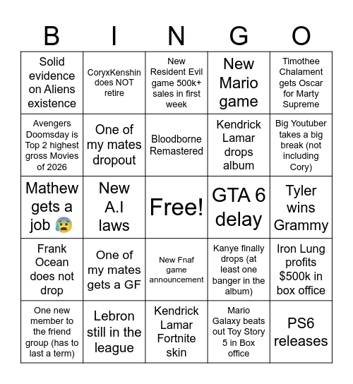 2026 Bingo Board Bingo Card