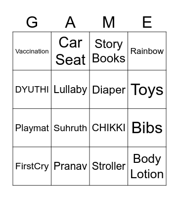 Prathi's Baby Shower Bingo Card