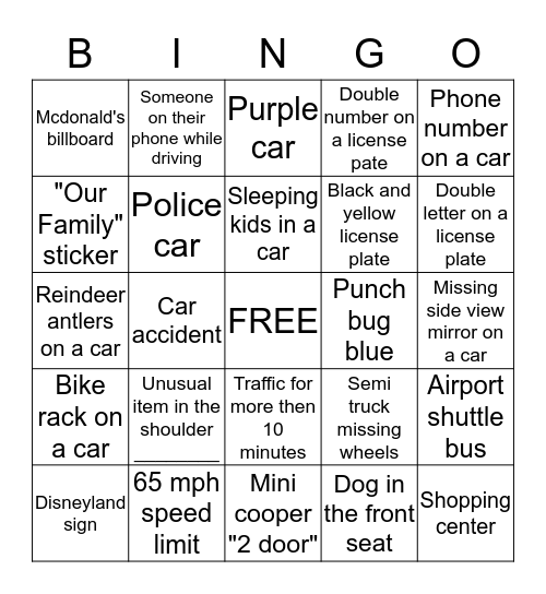 Car Ride Bingo  Bingo Card